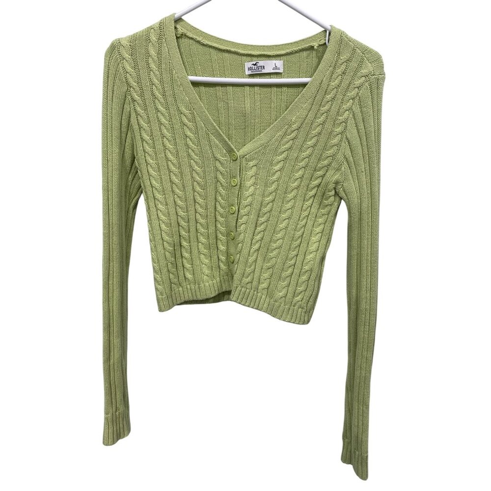 Hollister Cable Knit Button Front Cropped Cardigan Sweater Womens L Green Comfy